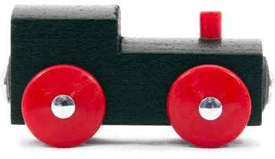 Eine einfache Spielzeugeisenbahn aus Holz mit schwarzem Gehäuse, zwei großen roten Rädern und einem kleinen roten Schornstein auf der Spitze - die perfekte Dekoration für jeden Webdesigner in Trier oder jedes kreative Büro.